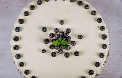 High angle view of blueberries on table