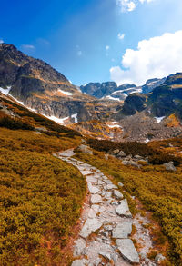 Scenic view of stream by mountains against sky