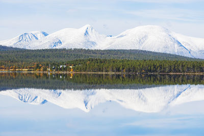 Snowy mountain and a green forest reflected in a still lake