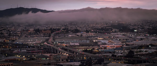 High angle view of illuminated cityscape against sky at night,the city of san francisco.  