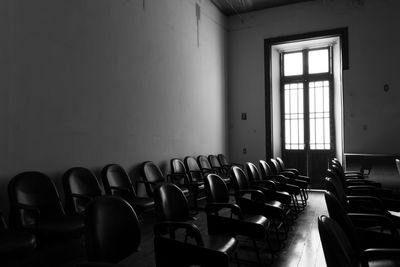 Empty chairs and tables in room