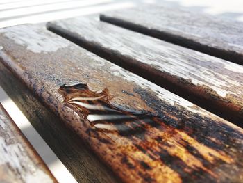 Close-up of rusty metal on wood