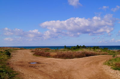 Scenic view of beach against blue sky