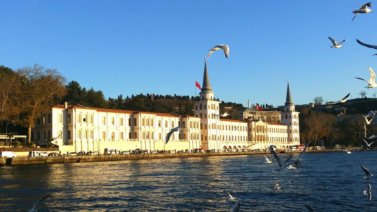 building exterior, architecture, built structure, clear sky, water, blue, waterfront, tree, copy space, flag, incidental people, day, river, outdoors, sunlight, city, travel destinations, bird, house, rippled