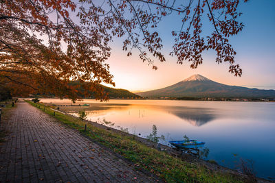 Scenic view of lake against sky during sunset