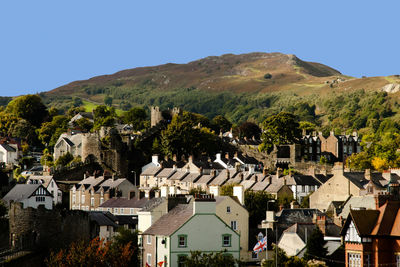 Houses in town against clear blue sky