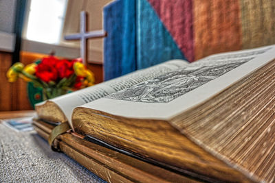 Close-up of open book on table