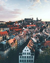 High angle view of townscape against sky at sunset