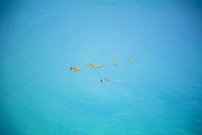 High angle view of kites in sea against blue sky