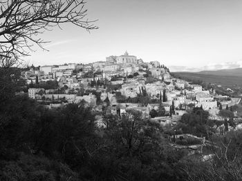 High angle shot of townscape against clear sky