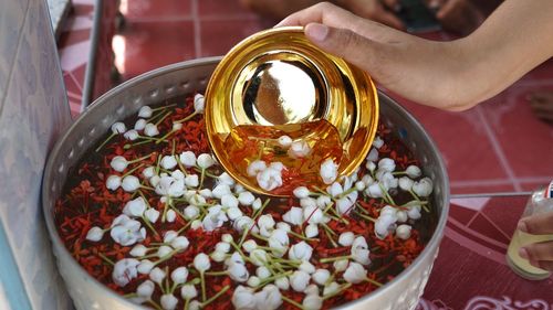 High angle view of person preparing food