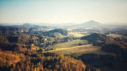 High angle view of landscape against sky during autumn