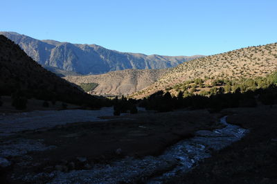 Scenic view of landscape and mountains against clear blue sky