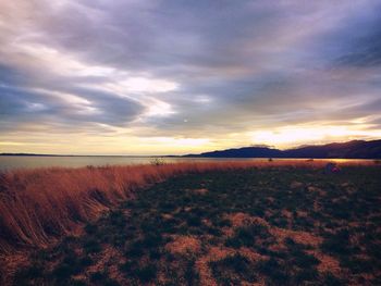 Scenic view of beach against sky during sunset