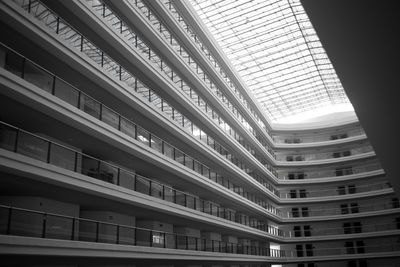 Angle view of multi level indoor courtyard black and white 