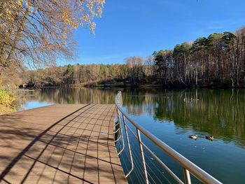 Scenic view of lake against clear blue sky