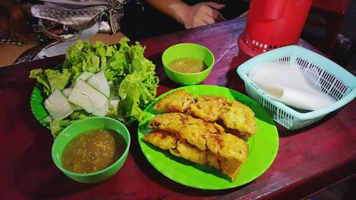 High angle view of breakfast served on table