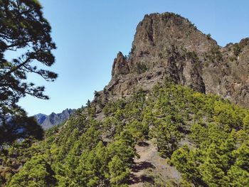 Low angle view of rocky mountains against sky