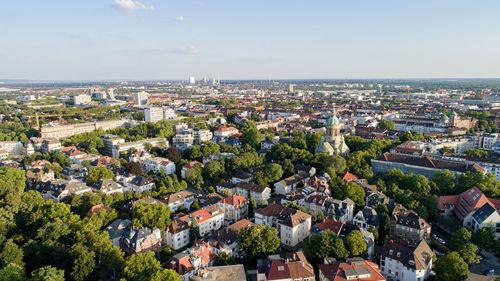 High angle shot of townscape against sky