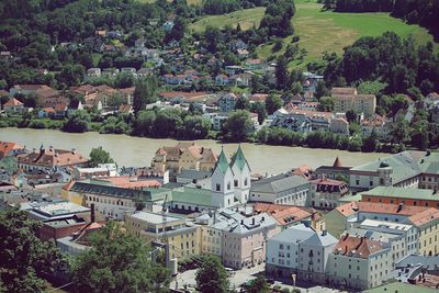 High angle view of buildings in town