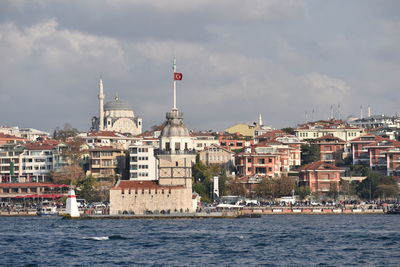 Buildings in city against cloudy sky