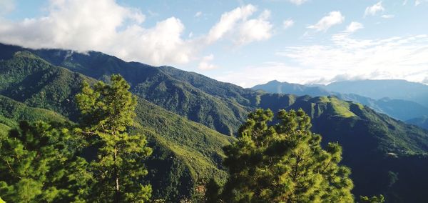 Panoramic view of mountains against sky.