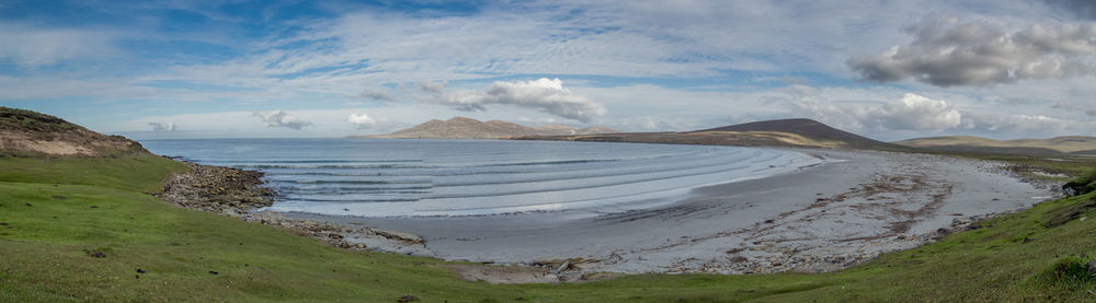 Panoramic view of sea and mountains against sky