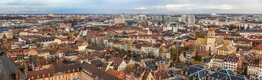 High angle shot of townscape against sky