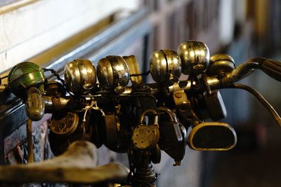Close-up of bells on handlebar of bicycle