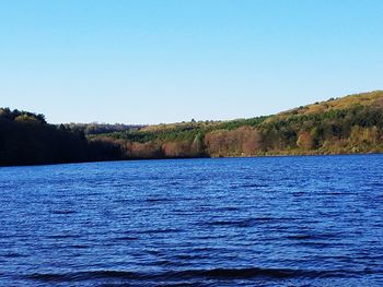 Scenic view of lake against clear blue sky