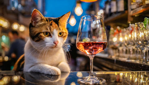 Close-up of cat staring at wine glass on bar counter