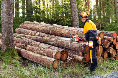Man working on log in forest