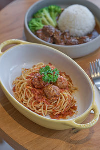 High angle view of noodles in bowl on table