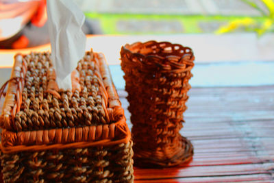 Close-up of wicker basket on table