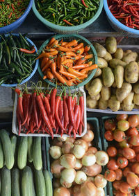 High angle view of various vegetables for sale at market