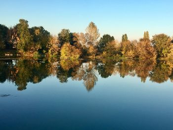 Scenic view of lake against clear blue sky