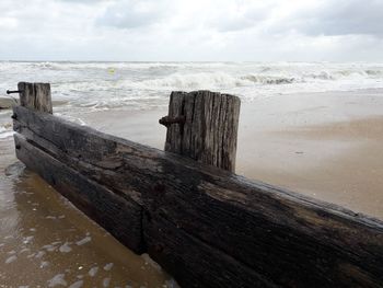 Wooden posts on sea against sky