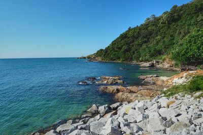 Scenic view of sea against clear blue sky