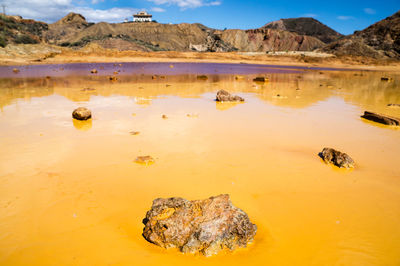 Scenic view of lake and rocks against sky