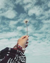 Cropped hand of person holding dandelion against sky