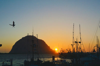 Silhouette sailboats in sea against sky during sunset