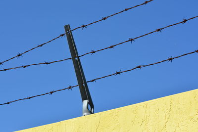 Low angle view of barbed wire against clear blue sky