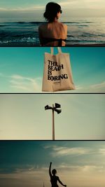 Rear view of woman standing against sky during sunset