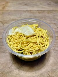 High angle view of noodles in bowl on table