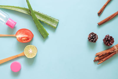 High angle view of fruits on table