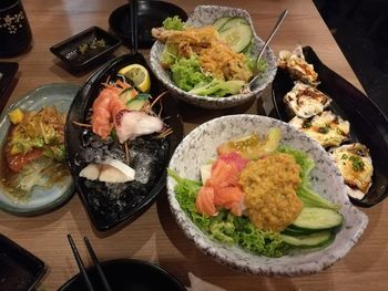 High angle view of sushi in plate on table