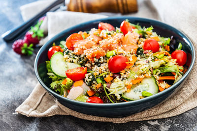 High angle view of salad in bowl on table