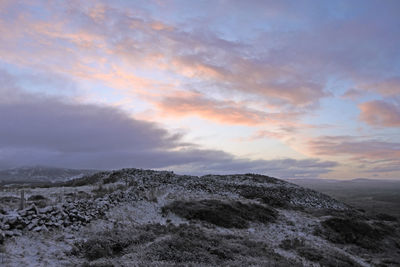 Scenic view of land against sky during sunset