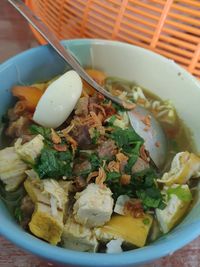 High angle view of food in bowl on table