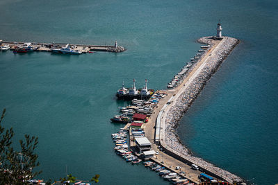 High angle view of commercial dock by sea